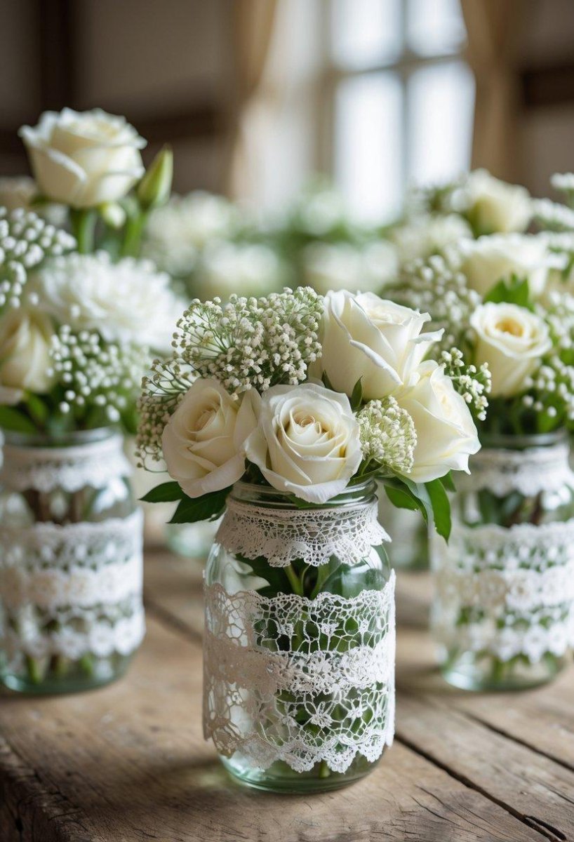 Vintage lace wrapped mason jar decor
