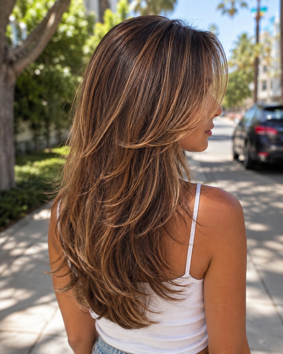 Sun-kissed long layers with balayage styled as a volume haircut for thin hair