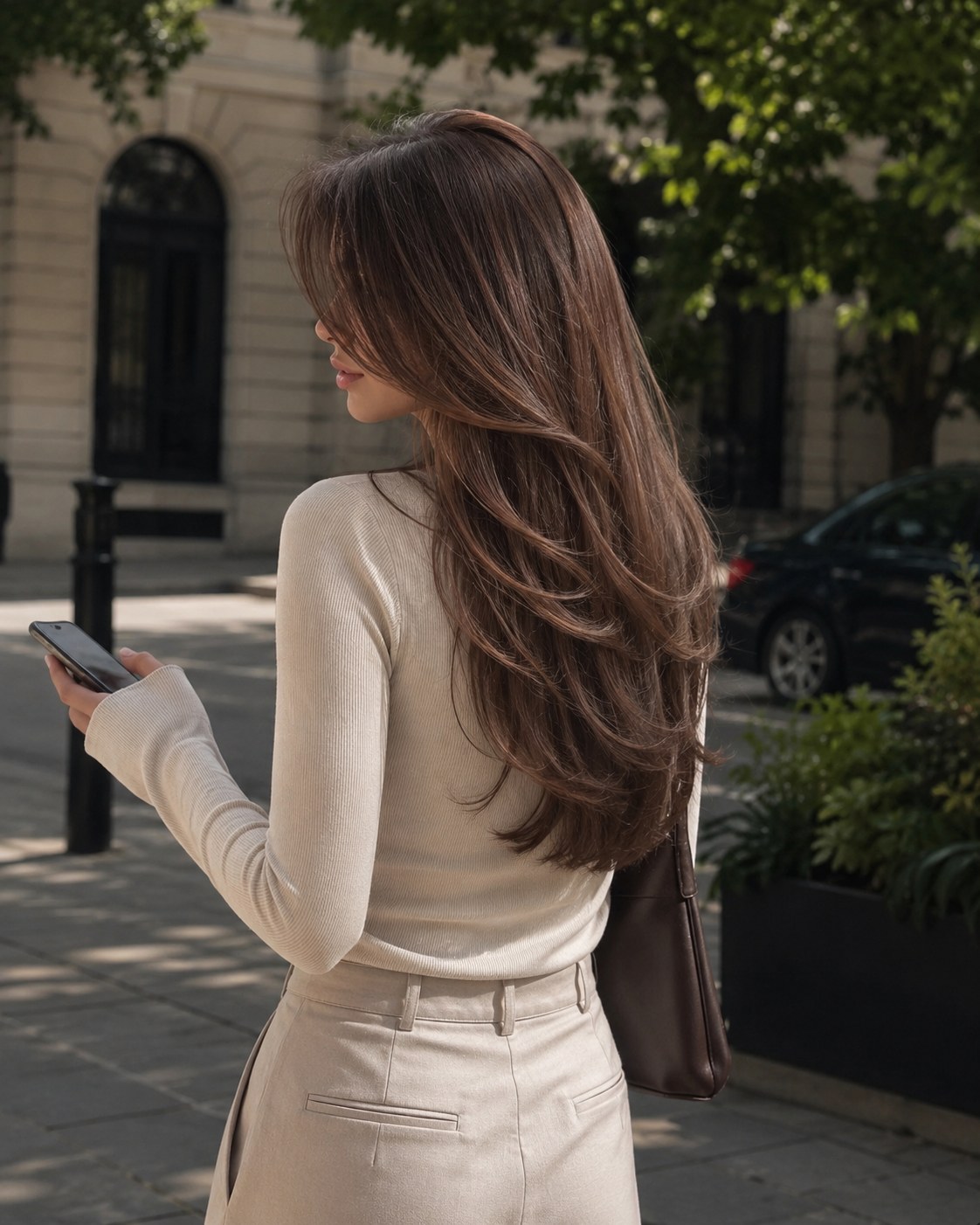 Back view of long face-framing layers styled as a volume haircut for thin hair