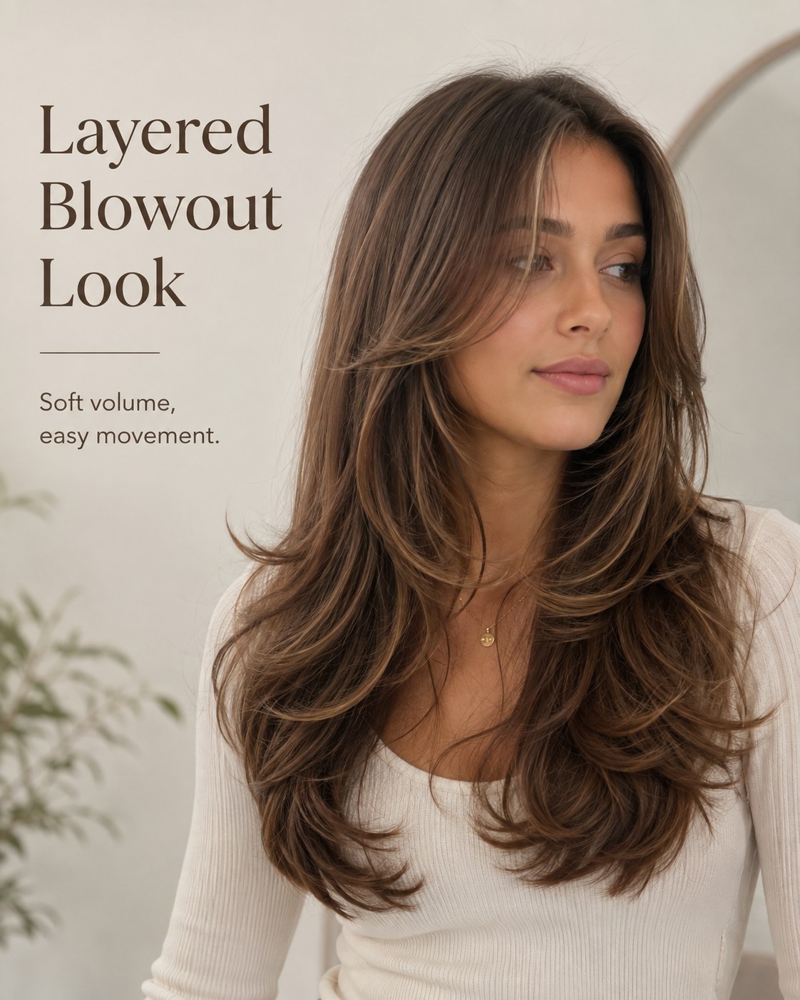 Layered blowout look showing soft volume styling for a volume haircut on thin hair