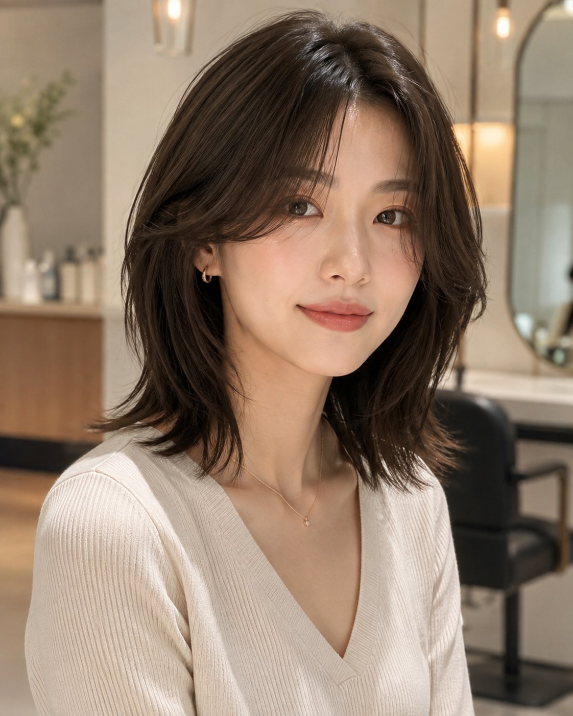 Wavy layered lob with wispy bangs demonstrating a volume haircut for thin hair