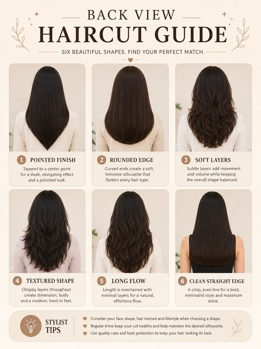 Back view haircut guide comparing six shapes for a volume haircut on thin hair