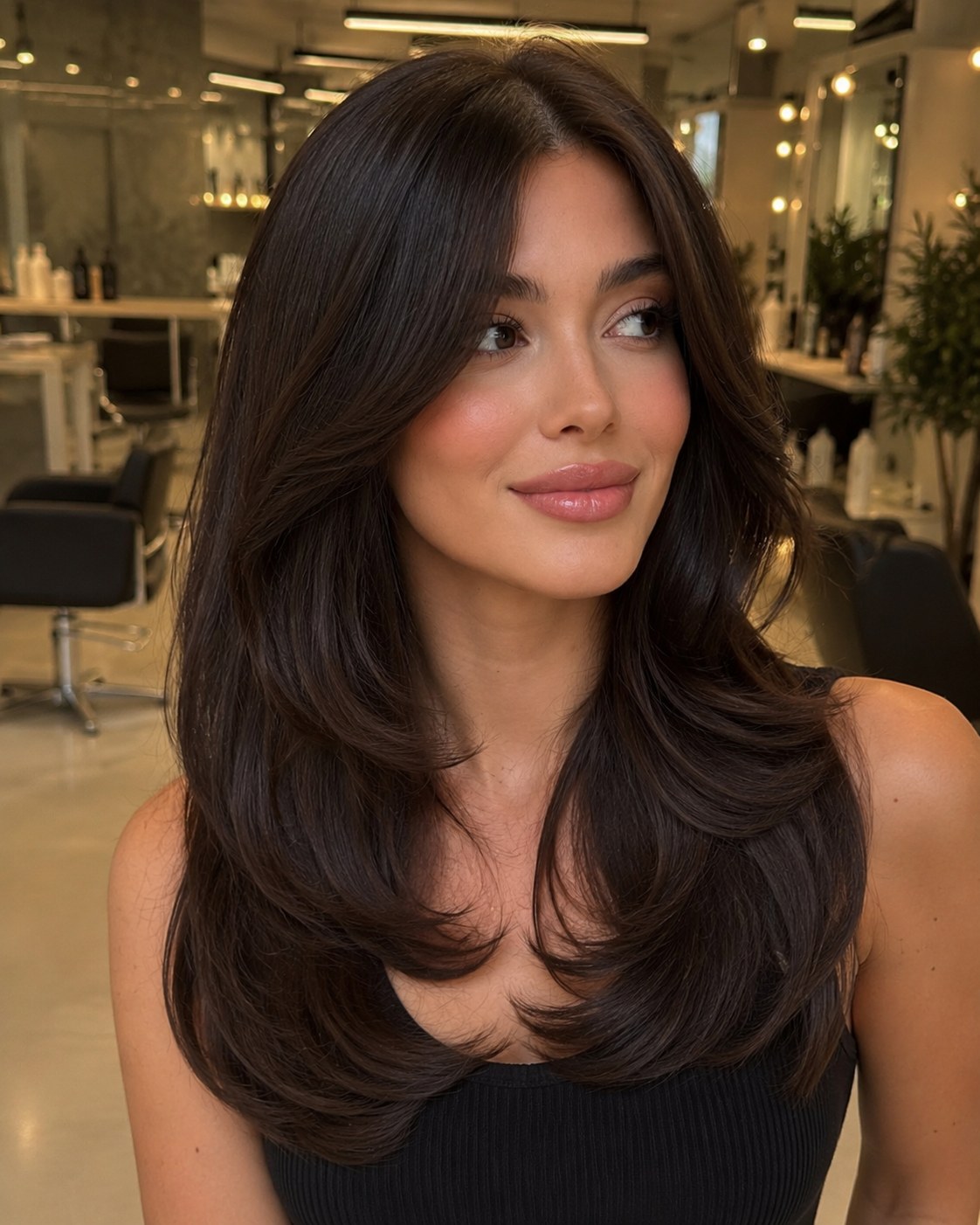 Long butterfly layers with flicked ends styled as a volume haircut for thin hair