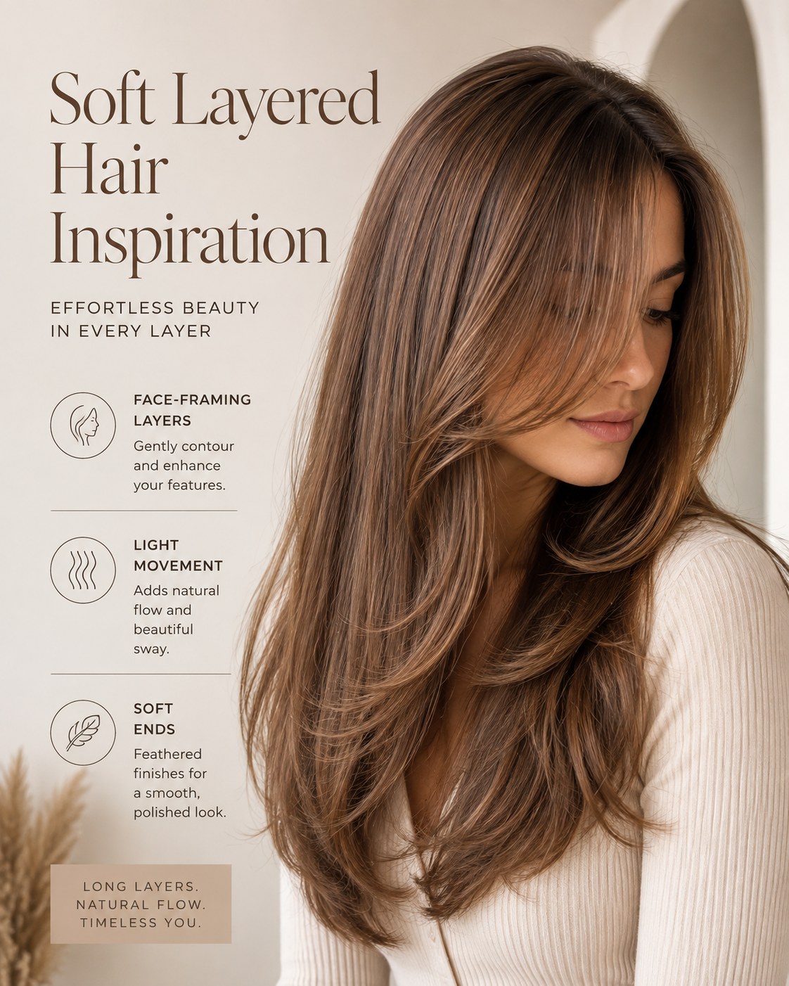 Infographic illustrating long layered hair principles for a volume haircut on thin hair