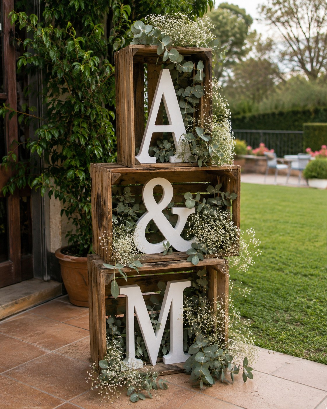Rustic wooden crate monogram display anchors a DIY wedding welcome area with eucalyptus