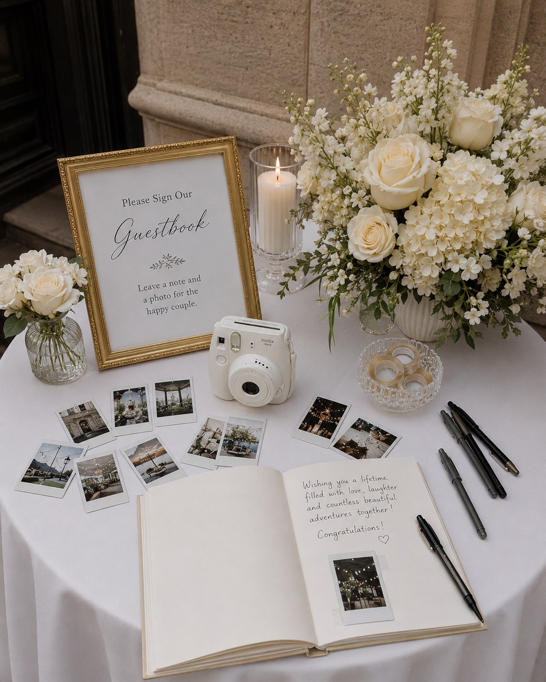 Classic wedding welcome area guestbook table with gold frame sign and ivory rose arrangement