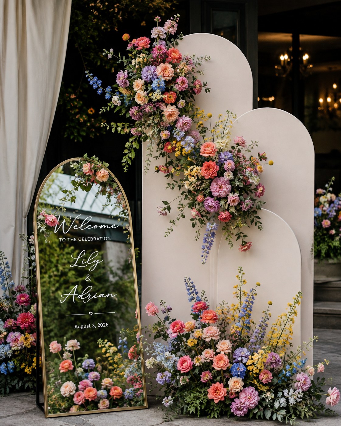 Colorful floral arch and mirror sign create a statement wedding welcome area entrance