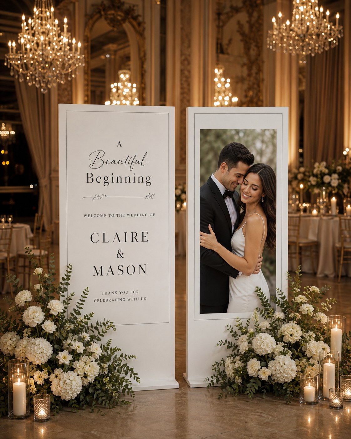 Ballroom wedding welcome area with engagement photo sign framed by candles and ivory florals
