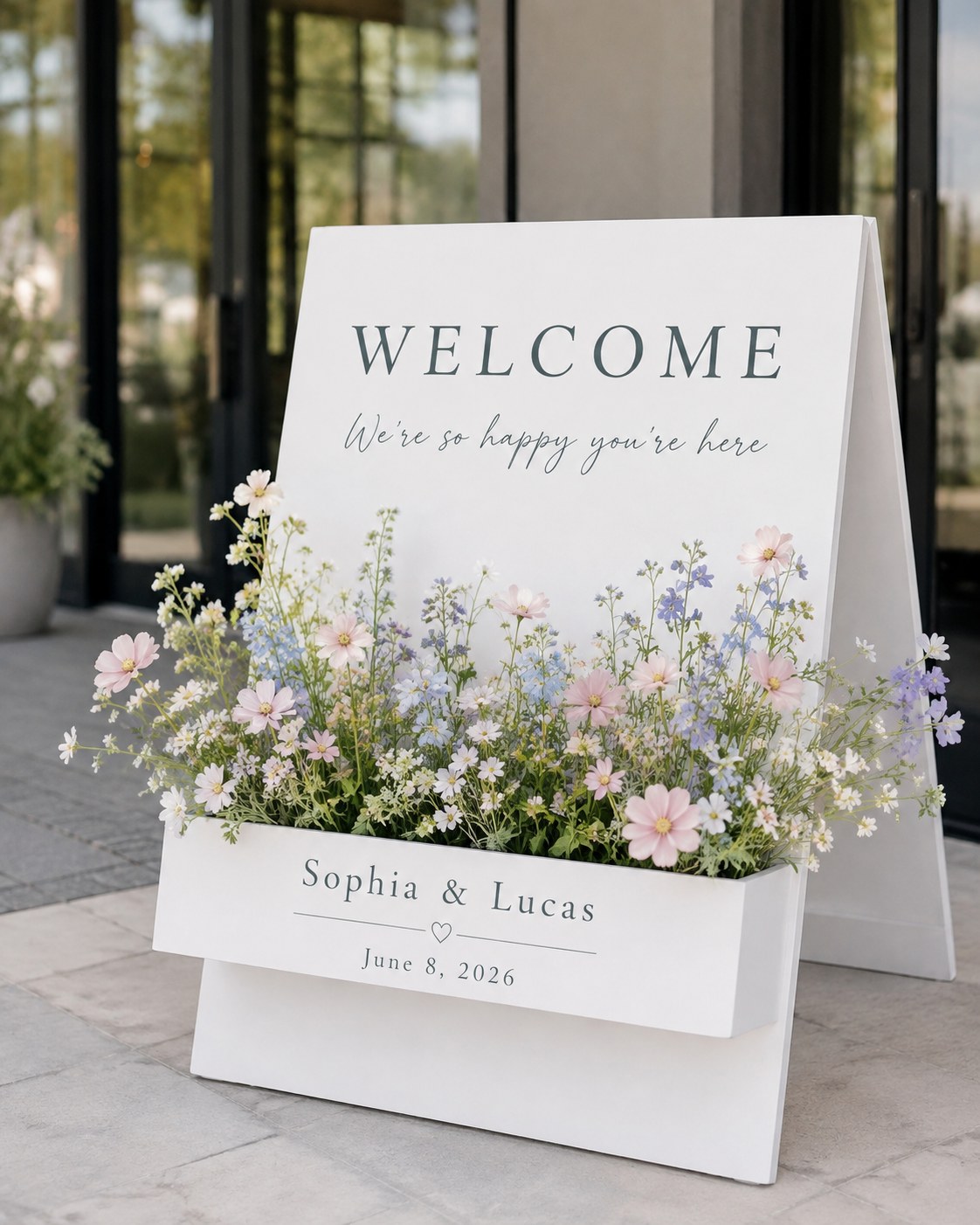 Sandwich board wedding welcome sign filled with pastel wildflowers outside a modern venue
