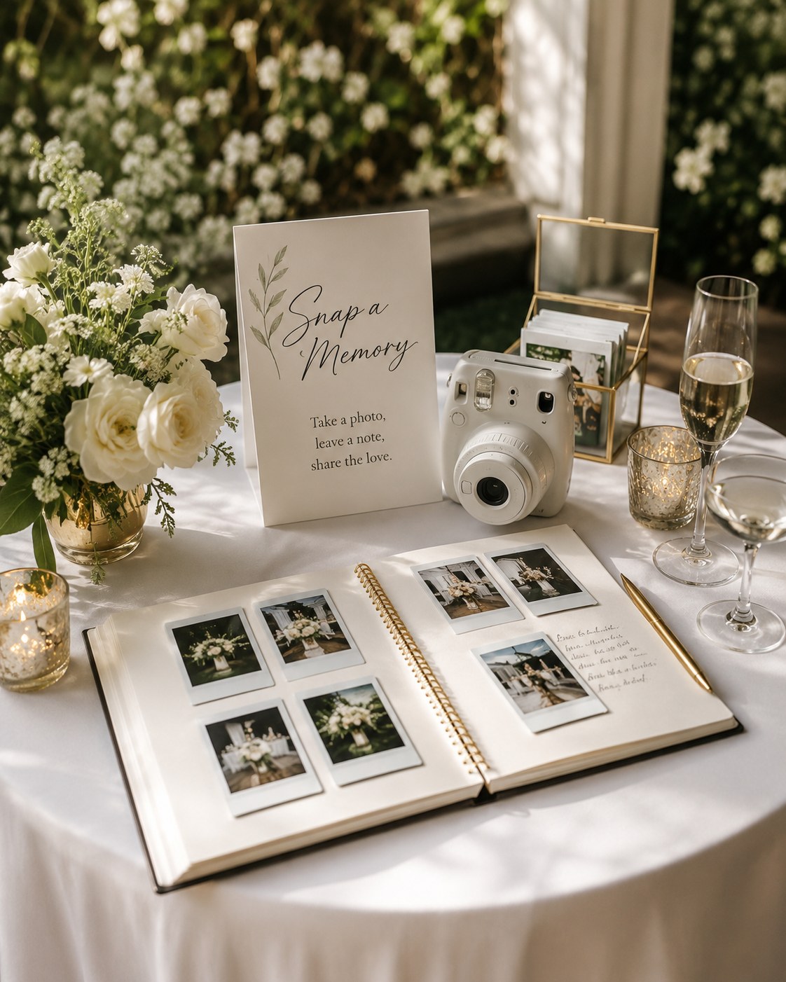 Wedding welcome area guest table with instax camera, polaroid album, and champagne toast