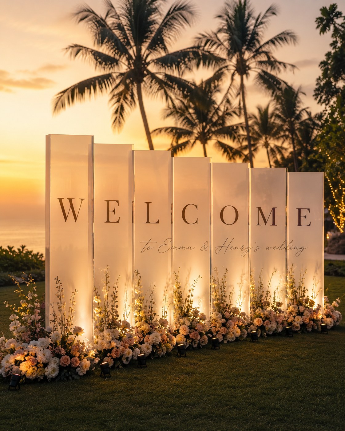 Backlit WELCOME letters mark a sunset beach wedding welcome area lined with palm trees