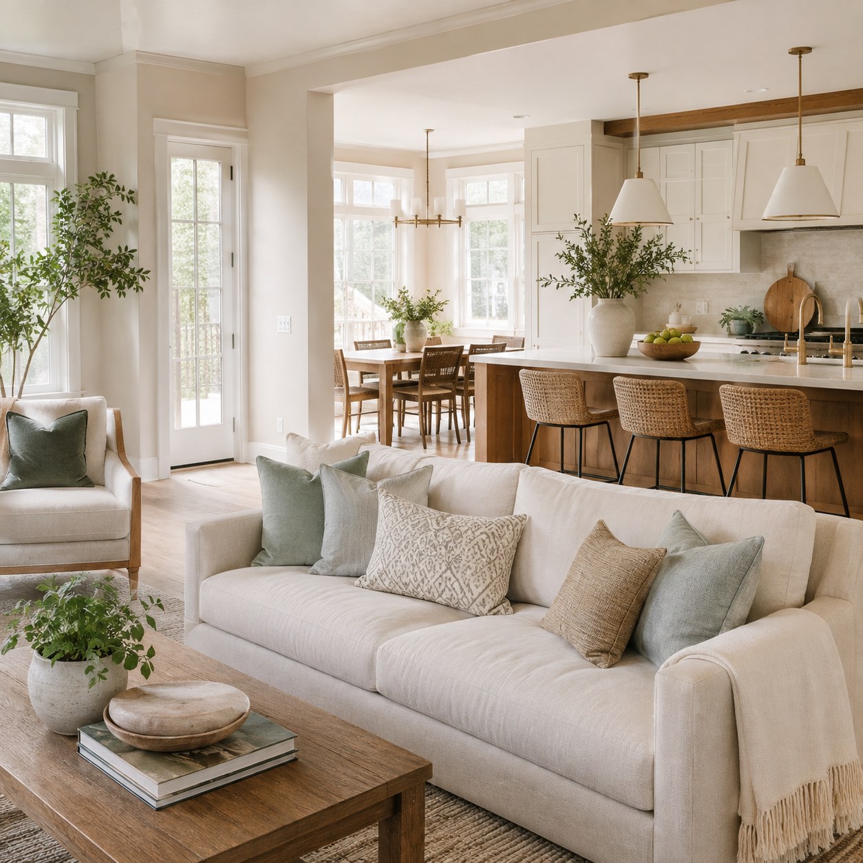 A warm neutral living room and open kitchen showing an applied whole home paint color palette in daily use