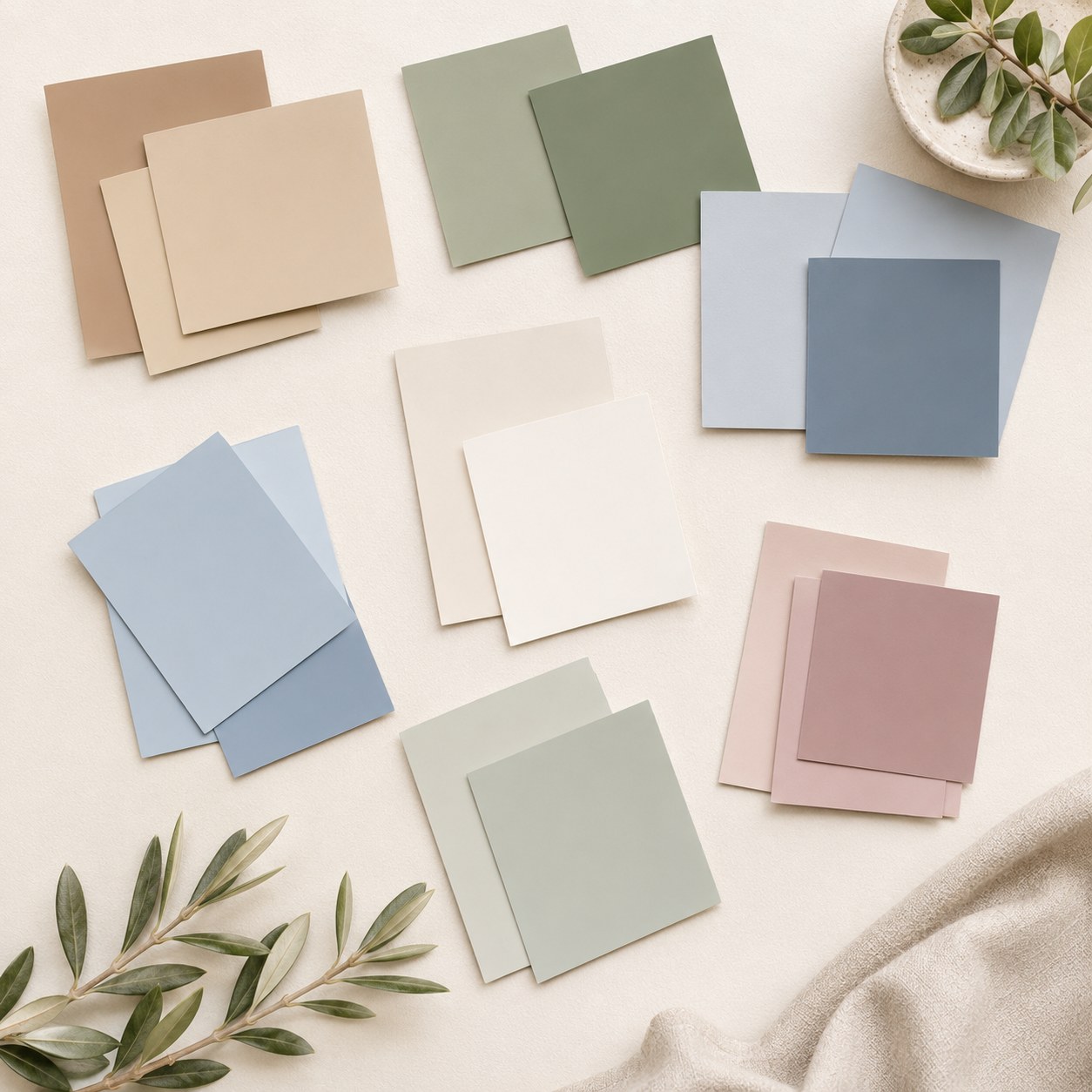 Paired light and dark paint swatches in taupe, sage, blue, and blush for a whole home paint color palette
