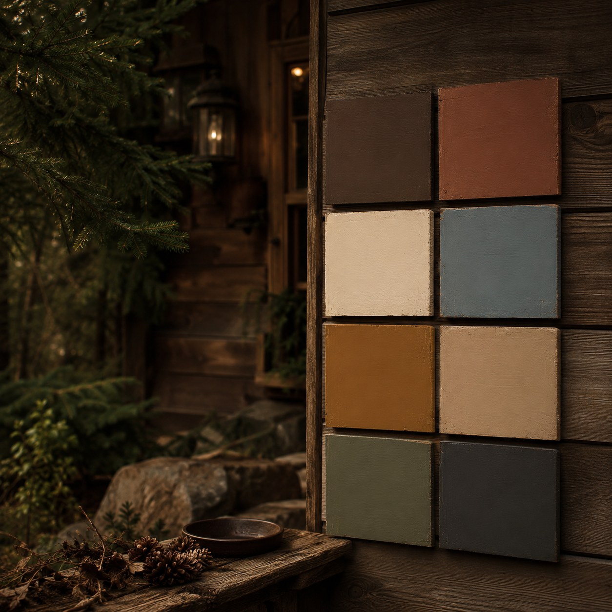 Dark rustic paint swatches on wood siding beside a cabin porch, a moody whole home paint color palette