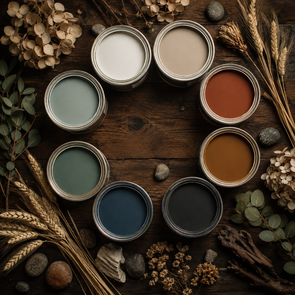 Eight open paint cans arranged in a circle on a rustic table forming an earthy whole home paint color palette