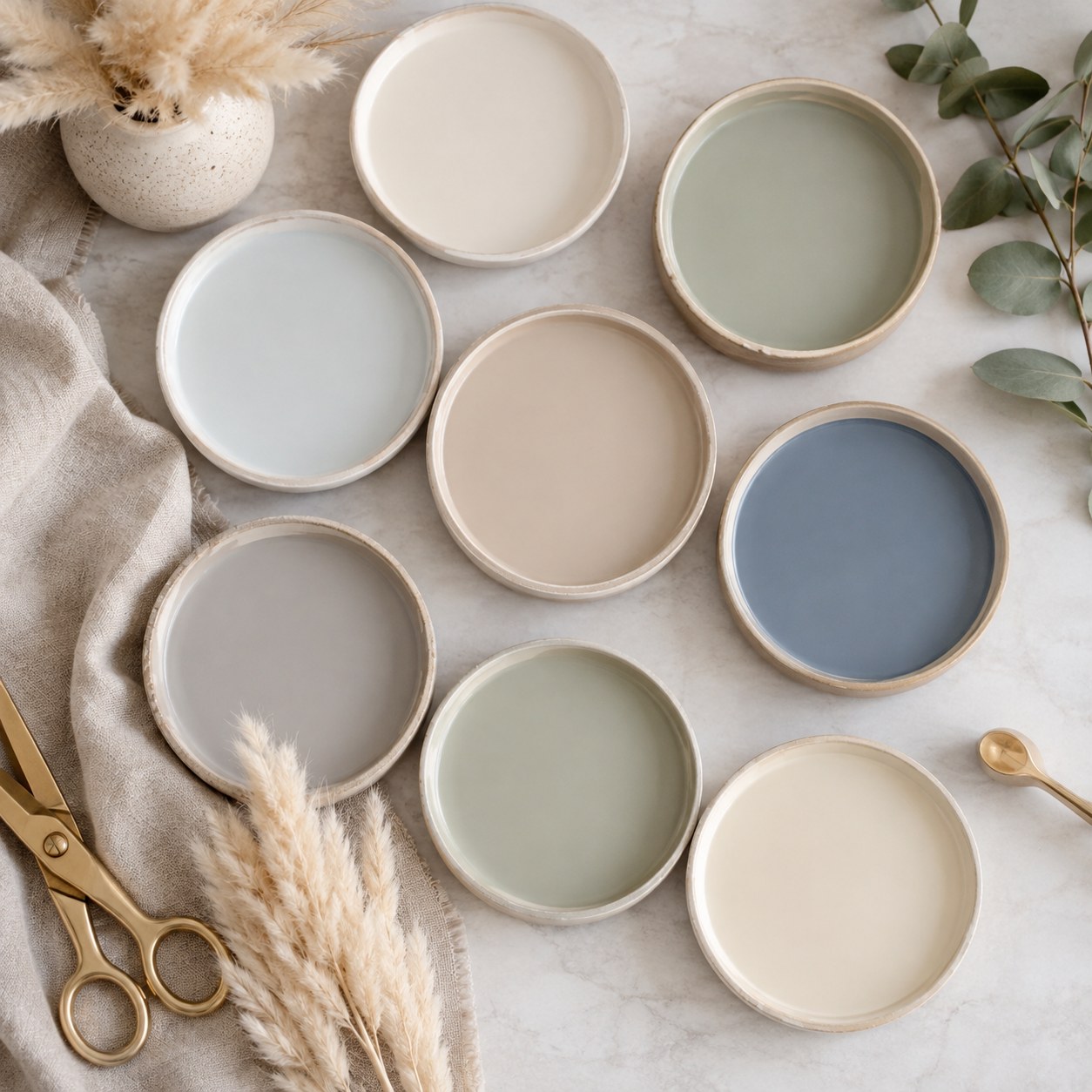 Eight ceramic-style paint dishes in soft tones illustrating a curated whole home paint color palette capsule