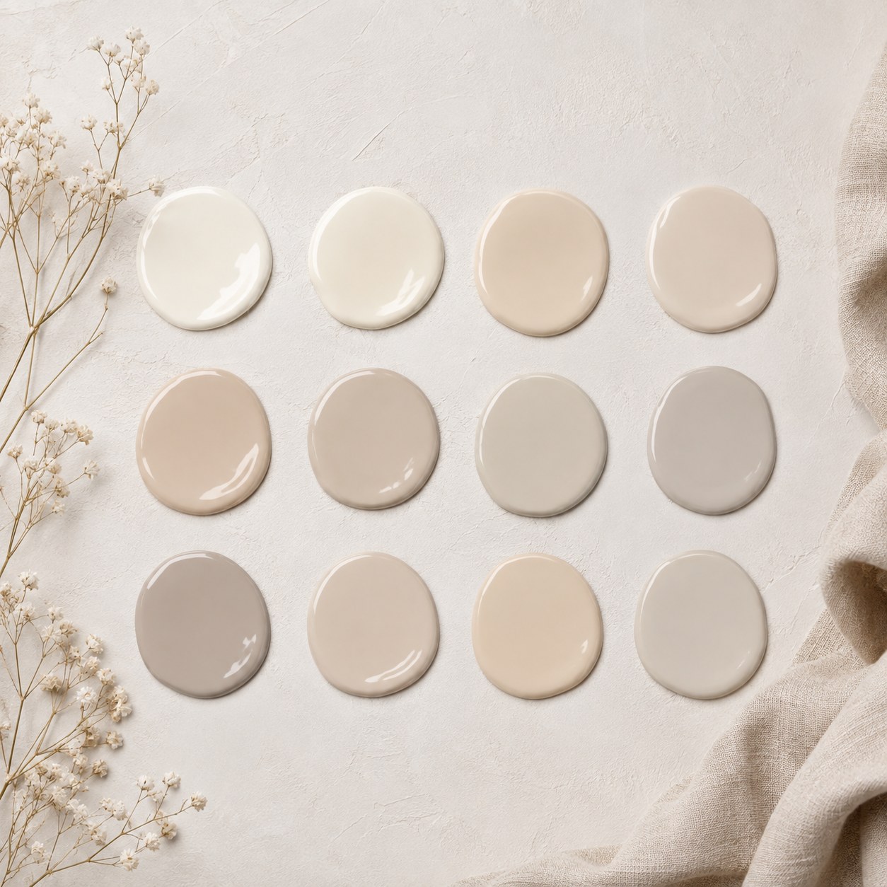 Twelve glossy paint drops arranged in rows forming a warm neutral whole home paint color palette