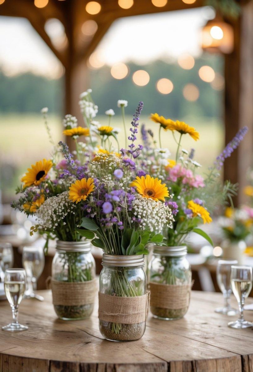 Wildflower mason jar wedding arrangement