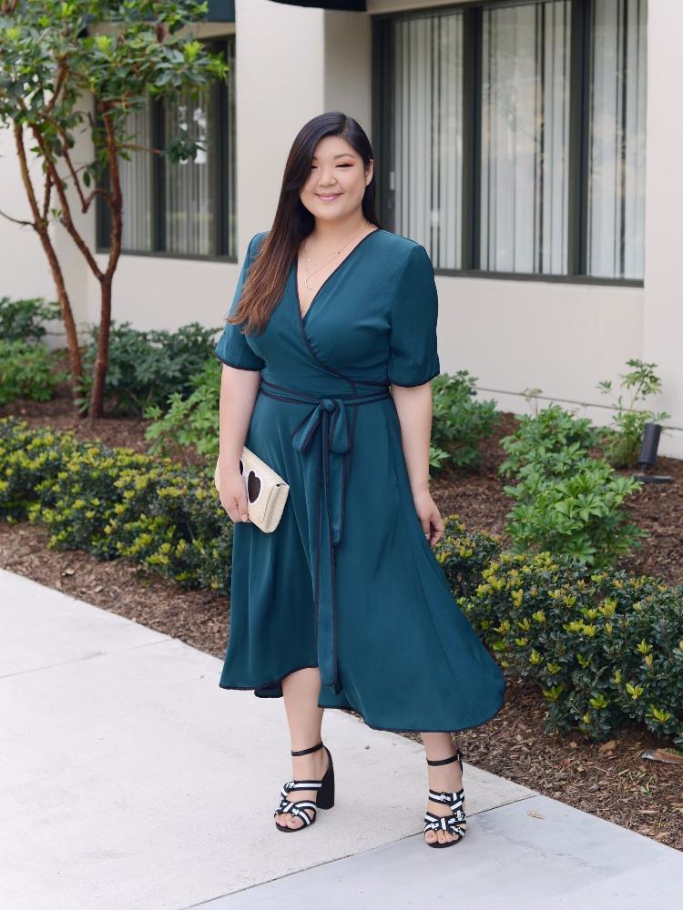 Wrap dress wedding guest outfit pear shape