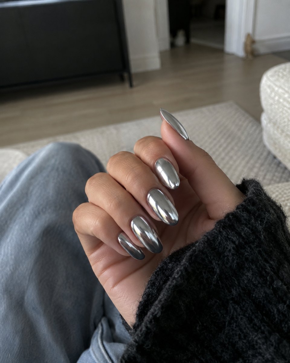 Chrome metallic nail look inspired by celebrity style